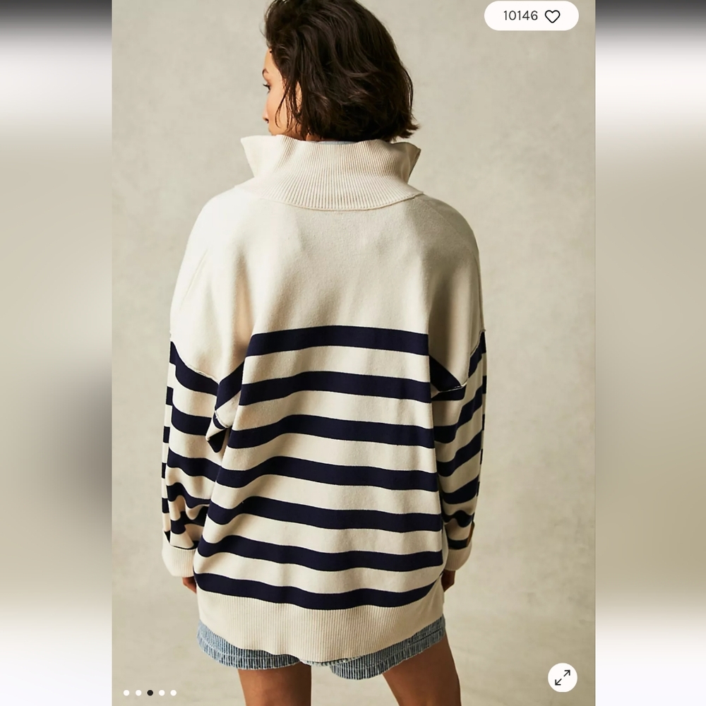 FREE PEOPLE Coastal Navy Cream Navy Striped Half Zip Pullover NWT - Picture 5 of 9